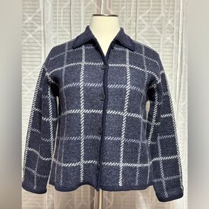 Talbots XL Women’s charcoal gray plaid long sleeve 100% WOOL cardigan 25.5”L